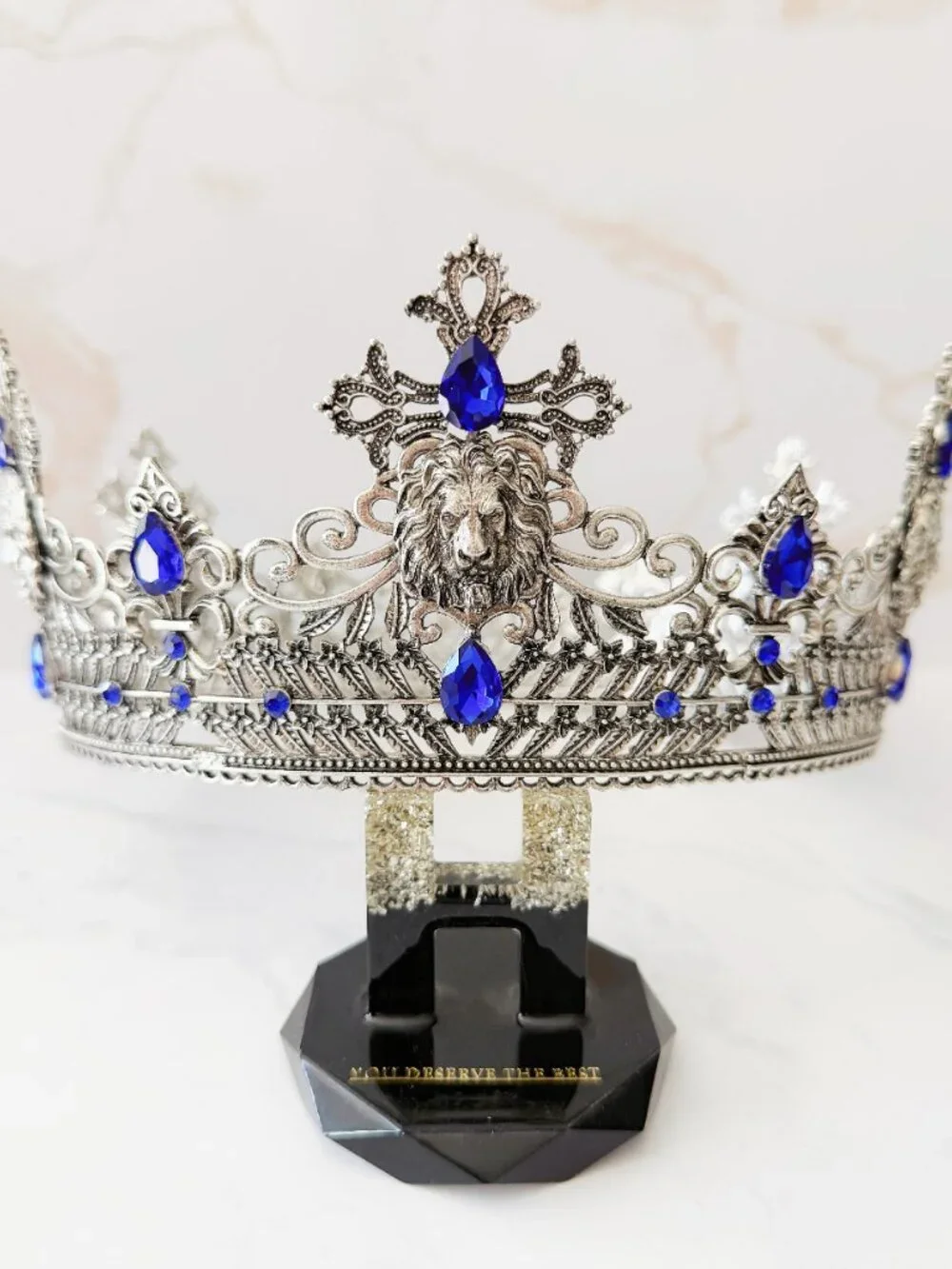 Silver Lion King Crown Blue Crystal Cross Medieval Royal Cosplay Wedding Prom